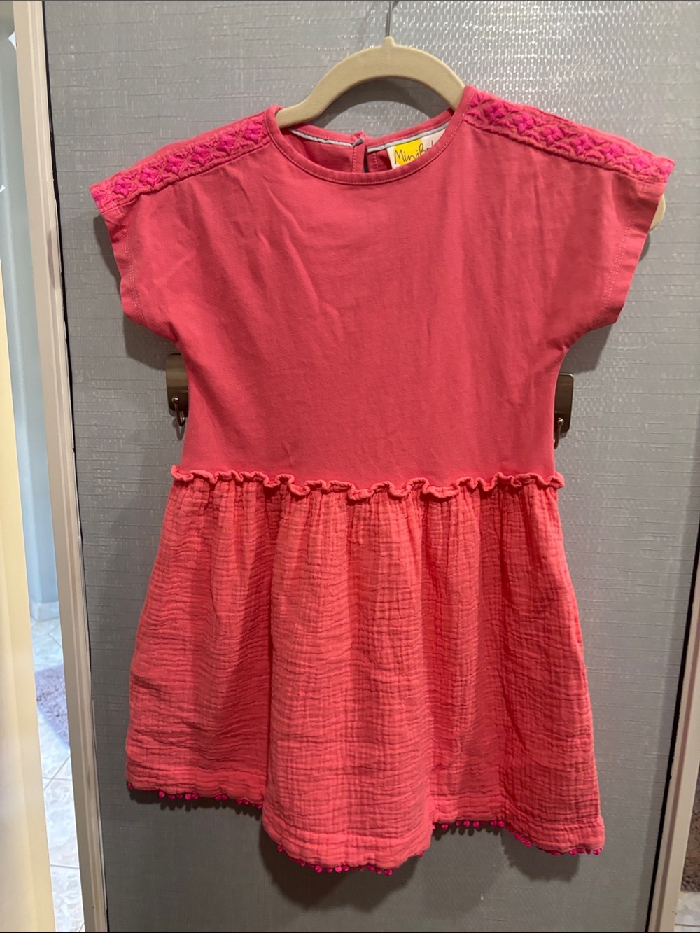 Mini Boden Coral-Pink Knit & Gauze Dress with Pom Trim
